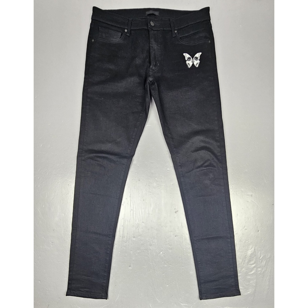 Uniqlo Jeans Mens 34x33 Black Skinny‎ Tapered Stretch Butterfly Skull Patch